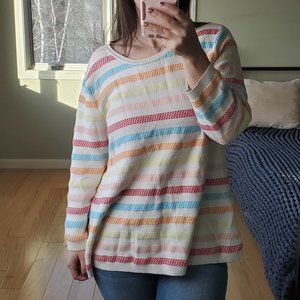 Talbots knit sweater with horizontal pastel rainbow stripes
